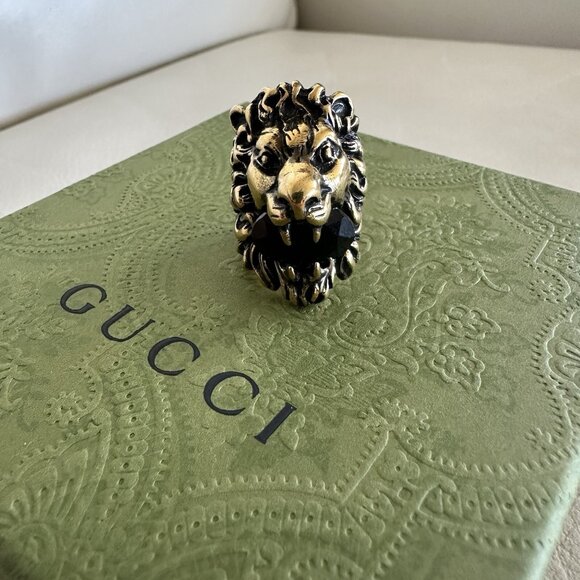NEW Gucci Lion Head Gold Ring Black Stone Size 23 IT 10.5 US - Picture 7 of 9